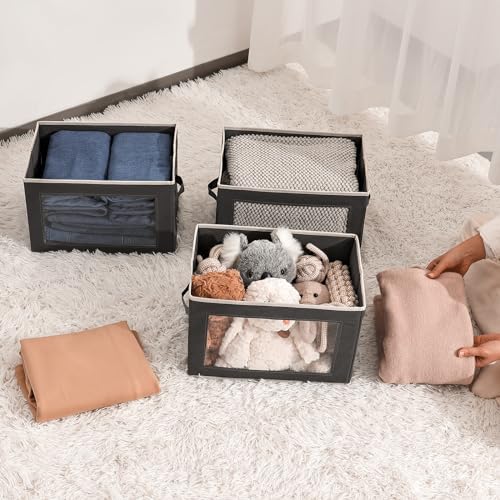 Homsorout Storage Bins with Lids - Fabric Storage Boxe with Window, Collapsible Closet Organizers with Handles, 3 Pack Dec...