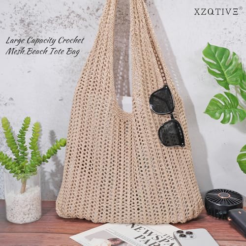 XZQTIVE Crochet Tote Bag for Women Mesh Beach bag for Summer Vacation Aesthetic Hobo Knit Shoulder Bag