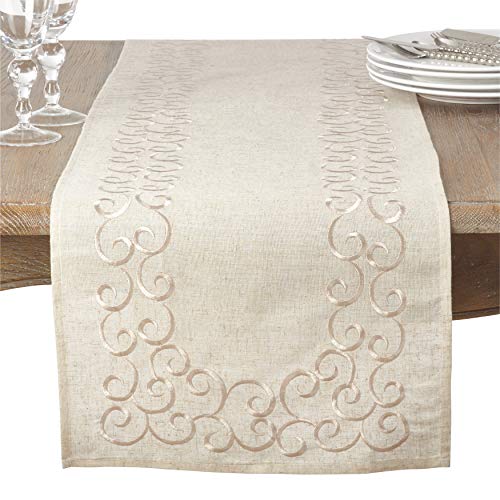 SARO LIFESTYLE Swirling Collection Embroidered Design Linen Blend Table Runner, 16" x 90", Natural