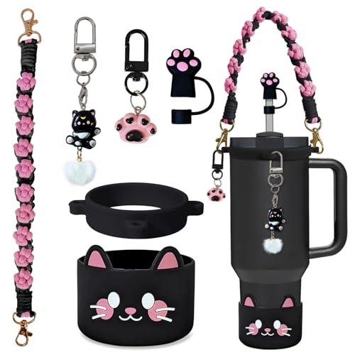 VirgoCCY 6PCS Cute Cat Stanley Cup Accessories Set for Stanley Cup 30oz 40oz, Includes Straw Topper, Siliocne Boot, Water ...