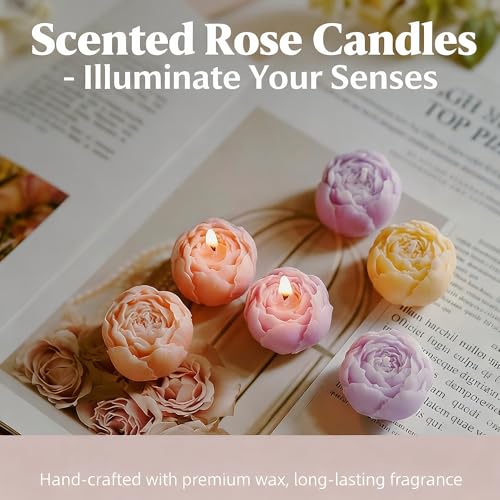 Rose Flower Shape Scented Candle,4 Pack Realistic Pink Rose Design,Plant-Based Natural Soy Wax Essential Oil Aroma Decorat...