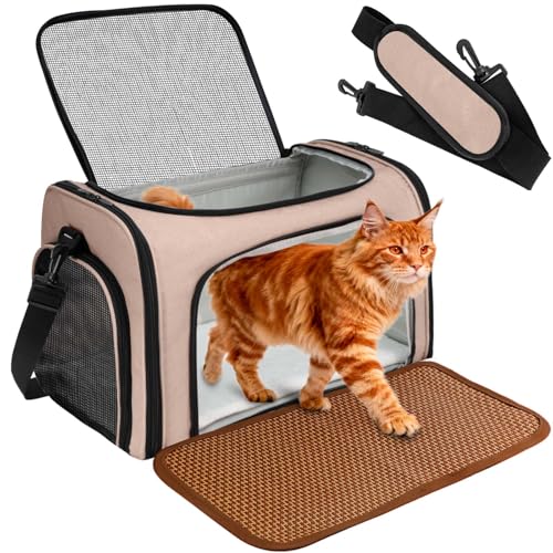 DSDCDJ Cat Carrier Dog Carrier - Soft-Sided Cat Carrier with Plush Pad & Cooling Mat, Easy-Load 4-Side Zipper & 3-Side Mes...
