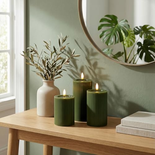 WYZworks Fluted Ribbed LED Pillar Candles, Loden Green, with Realistic Reflective Melted-Wax Effect – Flickering Flame, Re...