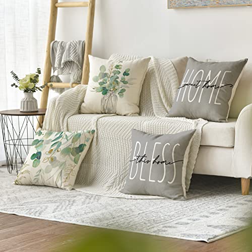 AVOIN Colorlife Home Sweet Home Eucalyptus Leaves Throw Pillow Covers 18x18 Inch Set of 4, Spring Summer Seasonal Decorations