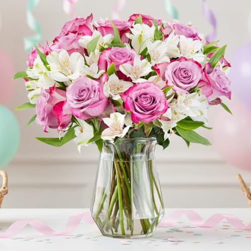 Benchmark Bouquets - Delightful Roses & Alstroemeria (Glass Vase Included) - Fresh Flowers for Delivery - Gift for Graduat...