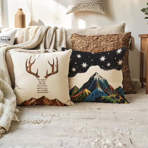 ULOVE LOVE YOURSELF Deer Throw Pillow Case 4 Pack Cotton Linen Cushion Covers,18 X 18 Inch Square Pillow Covers for Home D...