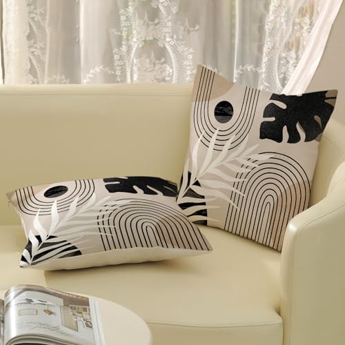 Boho Pillow Covers 20x20 Set of 2 Mid Century Black Beige Tropical Leaf Throw Pillow Covers Outdoor Decor Modern Abstract ...