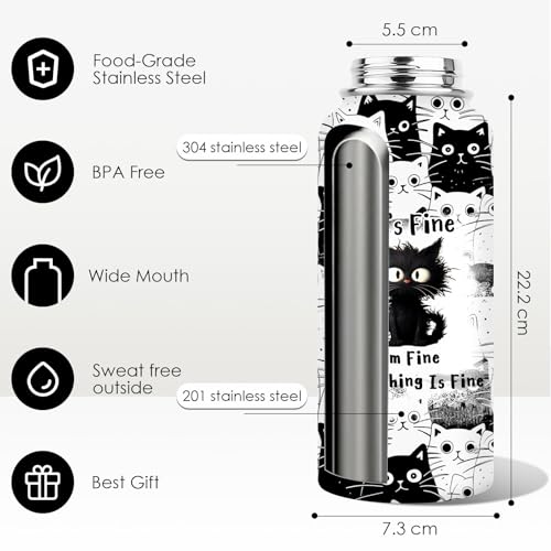 WWHSAI Cat Lover Gifts, Everything Is Fine I'm Fine Black Cats Water Bottle Travel Tumbler 32Oz, Christmas Birthday Gift f...