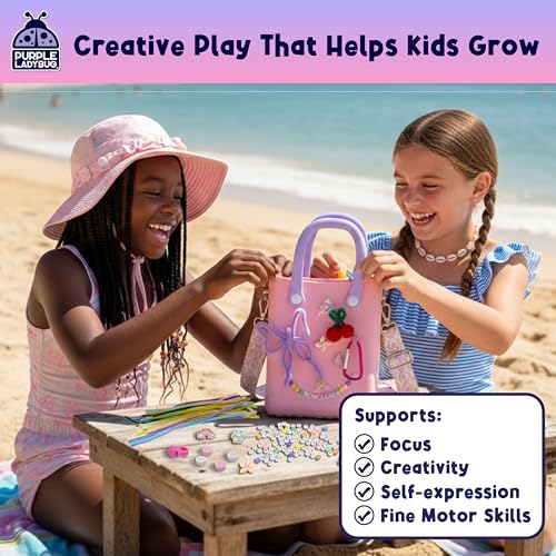 PURPLE LADYBUG Beach Tote With Beads & Charms For Kids, Fun Crafts for Girls Ages 6-8, Summer Travel Beach Bag For Girls