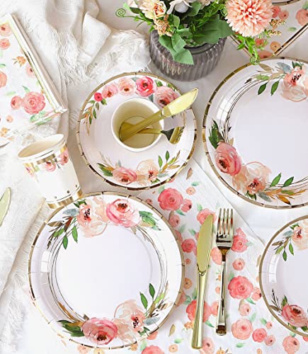Luxury Floral Paper Plates and Napkins Party Supplies - Serves 16 - Pink and Gold Flower Decoration for Floral Baby Shower...