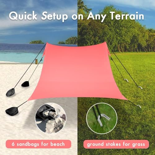 easierhike Beach Canopy Windproof Design, Sun Shelter UPF50+ Portable Family Tent with 6 Sandbags Anchors 8x8 FT 2 Pole Po...