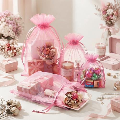 FUNFERY 100 Pcs Pink Organza Bags 5x7 in, Small Mesh Drawstring Gift Bags for Sachet, Jewelry, Candy, Wedding Favor, Valen...