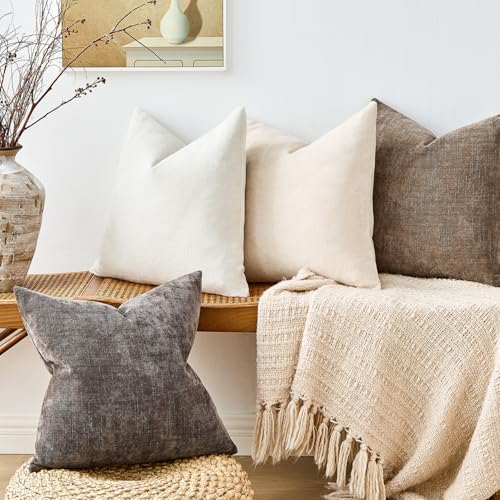 GriNeed Pack of 4 Throw Pillow Covers 22x22 Inch Chenille Textured Neutral Soft Pillow Covers Solid Decorative Farmhouse C...