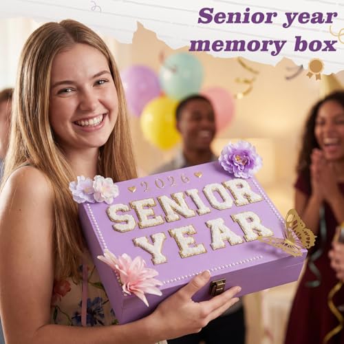 Novabright 50 Pcs 2026 DIY Senior Year Graduation Keepsake Box Kit Large Wooden Memory Box with 3D Butterfly, Flowers, Gli...