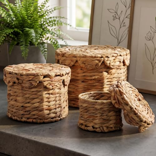 Newtay Set of 3 Scalloped Wicker Storage Baskets with Lid Round Rattan Woven Basket 11'' 8.7'' 6.3'' Natural Water Hyacint...