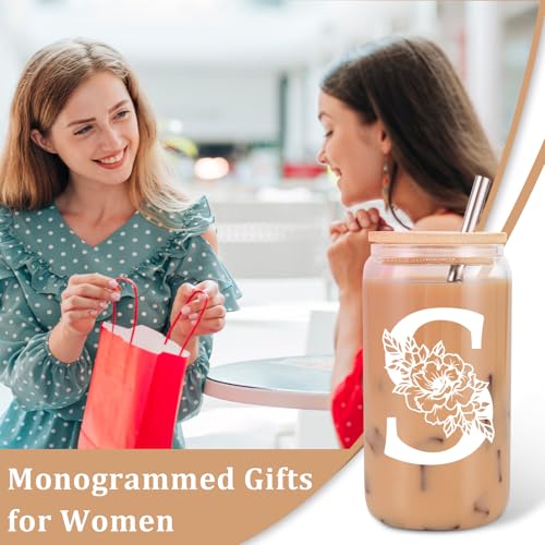 Coolife Initial Glass Cup, Monogrammed Gifts for Women, 16oz Glass Cups w/Lids Straws, Iced Coffee Smoothie Beer Tumbler ...