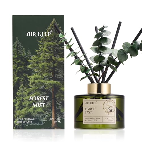 Airkeep Reed Diffuser Set with 6.76 fl oz Forest Mist Scent Essential Oils and 3 Leaves & 8 Diffuser Sticks,Bathroom Shelf...