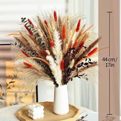 Orange Dried Pampas Grass Bouquet, 17 Inch, Bunny Tail,Eucalyptus,Natural Dried Floral Arrangement for Boho Rustic Wedding...