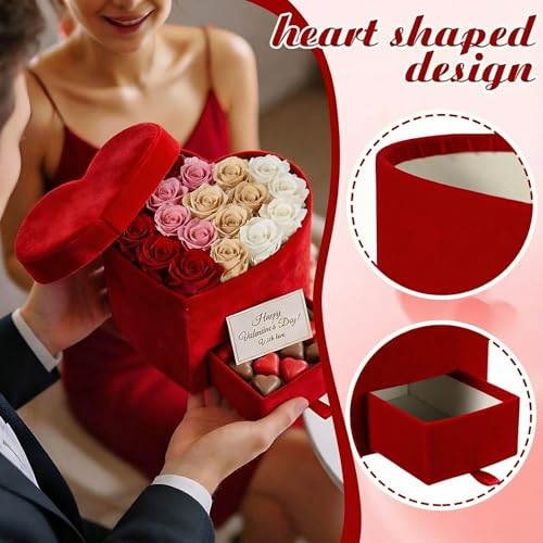 Tinlade Velvet Heart Shaped Gift Box with Lid & Drawer, Red Flower Box for Roses, Heart Treat Boxes for Mother's Day, Vale...