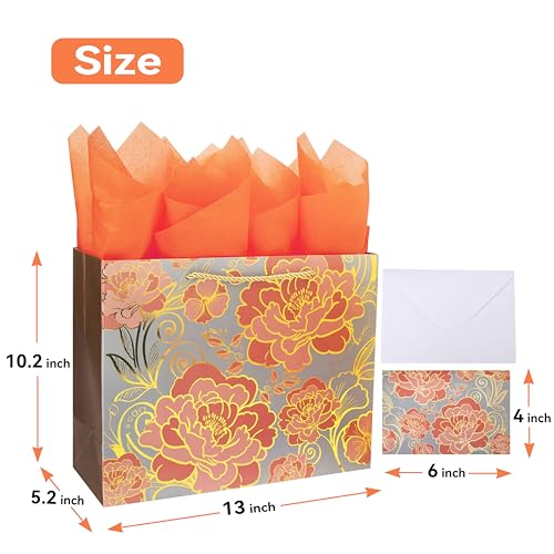 13" Large Rose Gold Gift Bag Set with Greeting Card and Orange Tissue Paper for celebrating birthdays,Mother's Day,Christm...