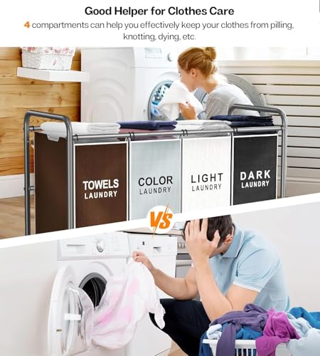 ROMOON Laundry Hamper Sorter Cart: 4-Section Organizer with Heavy-Duty Lockable Wheels and Removable Bags | 180L Rolling L...