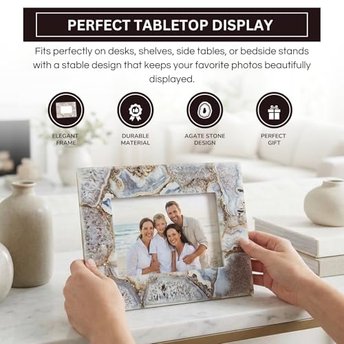 Natural Blue Agate 5x7 Photo Frame | Hand-Polished Luxury Crystal Picture Frame for Tabletop | Elegant Geode Stone Display...