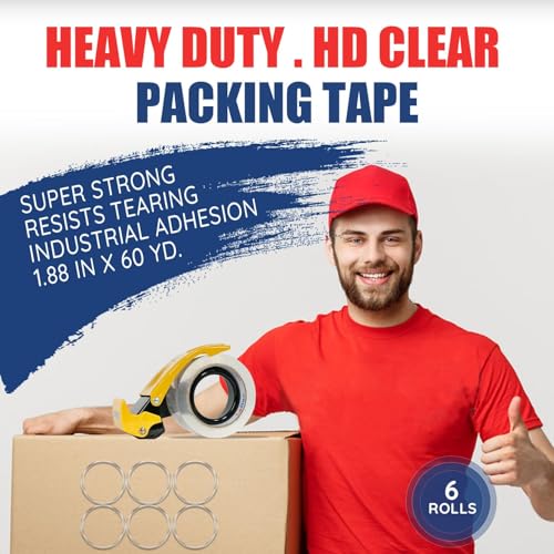 LeBao Clear Heavy Duty Shipping Packing Tape with Metal Dispenser, 6 Rolls 2.7 Mil Thick Ultra Strong Packaging Tape Refil...