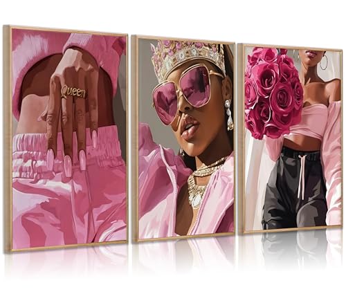 3Pcs Pink Fashion Black Woman Canvas Wall Art African American Women Wall Decor Funky Black Girl Posters prints Abstract F...