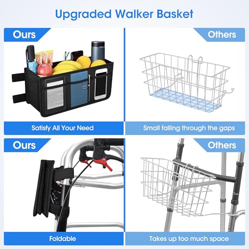 Dotday Upgraded Walker Basket with Cup Holder, Foldable Walker Bag with Large Capacity & Never Tipping Over- Not Fit for R...