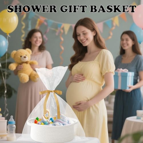 HZFTJOY Small Woven Rope Basket-Empty Gifts Basket with Bag and Ribbons,Cute Handle Organizer Box for Birthday/Baby Showe...