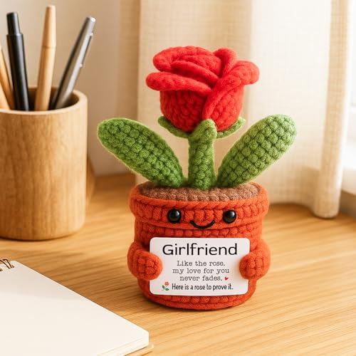 YUEYUQIU Gifts for Girlfriend from Boyfriend, Handmade Crochet Rose Flower Decor, Romantic Anniversary Birthday Presents f...