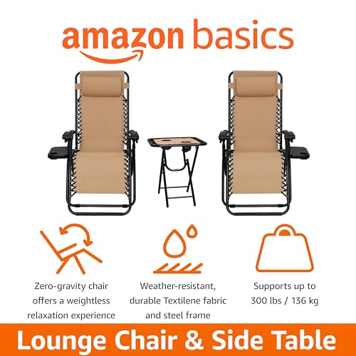 Amazon Basics Outdoor Textilene Adjustable Zero Gravity Folding Reclining Lounge Chair Set with Cup Holder, Side Table, He...