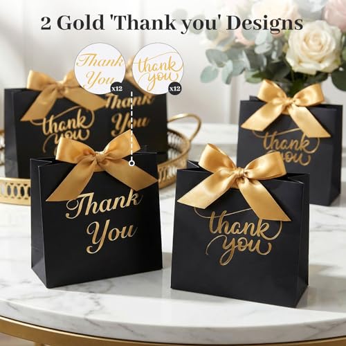 VGOODALL 24PCS Thank You Gift Bags, 4.5x3.9x1.7Inches Mini Party Favor Bags Black Treat Boxes with Bow Ribbon for Wedding ...