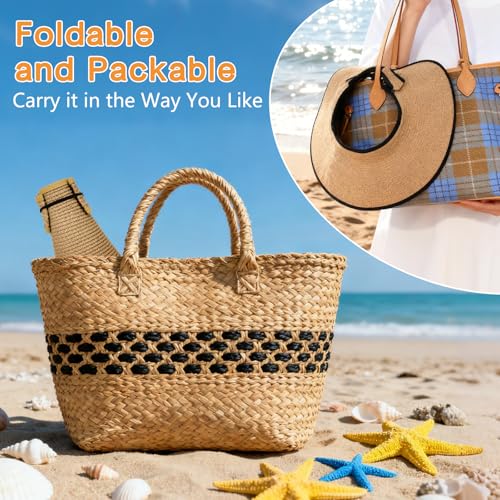 Sun Hats Visor for Women, UV UPF Straw Beach Hat Foldable Wide Brim Ponytail Summer Hats Packable Travel