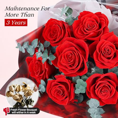 Preserved Flowers Bouquet 7 Roses - Red Real Rose & Flowers for Delivery, Eternal Roses Bouquet with Gift Box, Mothers Day...