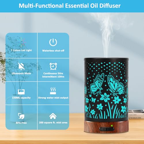 Essential Oil Diffuser - 150ML Metal Aromatherapy Diffuser for Essential Oils with 7 Colors Lights Gifts for Mom Auto Shu...