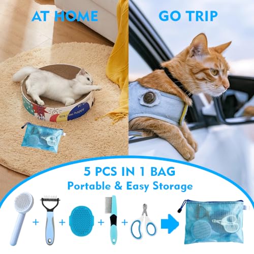 Grooming Brush Kit - 5pcs for Shedding & Matted Fur, Self-Cleaning with Flea Comb for Indoor Long-Haired Cats, Blue
