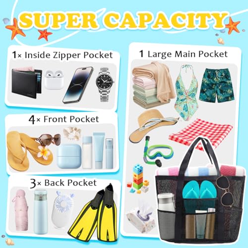 Showvigor Mesh Beach Bag - Large Beach Tote with Zipper Pocket for Family Pool Bag for Toys Vacation Essentials