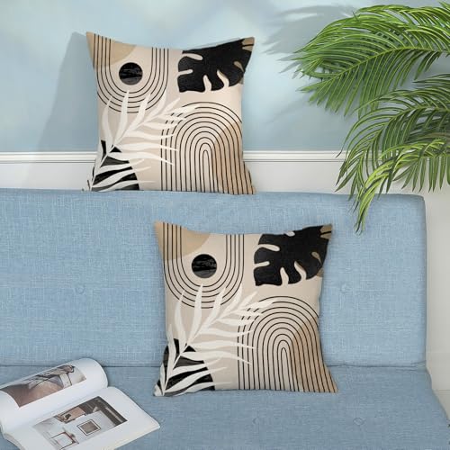 Boho Pillow Covers 20x20 Set of 2 Mid Century Black Beige Tropical Leaf Throw Pillow Covers Outdoor Decor Modern Abstract ...