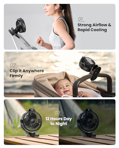 Koonie Portable Clip On Fan, Small Rechargeable Battery Operated, 3 Speed Mini clamp Fan With LED Display, 360° Rotate Per...