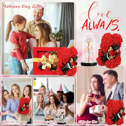 Mothers Day Rose Gifts for Mom Women Wife Girlfriend, Rose Bear & Beauty and the Beast-Inspired Rainbow Light-Up Roses Gif...