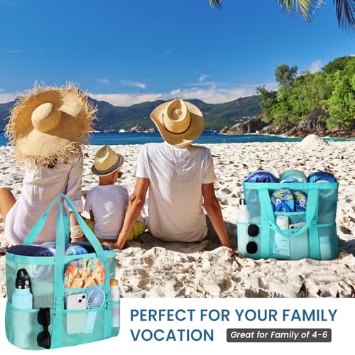 Tavaleu Mesh Beach Bag - Large Beach Tote with Multi Functional Pockets for Family Travel/Vacation