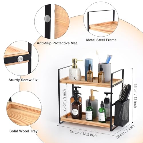 LEMIKKLE 2-Tier Wood Bathroom Counter Organizer with Basket,Waterproof Vanity Skincare Storage for Bathroom, Kitchen, Dresser