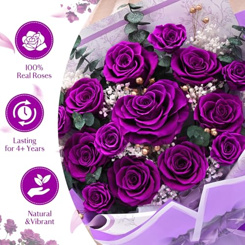 Forever Rose Flowers for Delivery Mothers Day Gifts, 14-Piece Purple Preserved Roses Flowers Bouquet with Vase Gift Box, L...