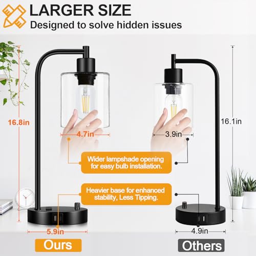 Set of 2 Industrial Table Lamps with USB C+A Ports and Outlet, Fully Stepless Dimmable Bedside Lamps for Bedrooms, Nightst...
