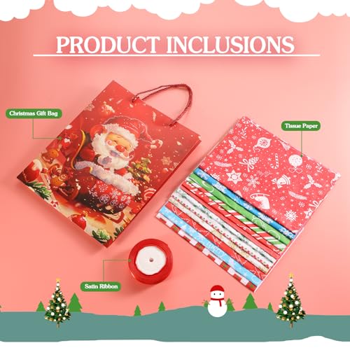 Rusikia 12 Christmas Gift Bags with 12 Tissues and 1 Satin Ribbon, Red Party Favor Bags Bulk with Handles, Glittery Cute B...
