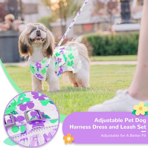 ABRRLO Dog Harness Dress Leash Set for Small Dog Summer Clothes Girl Female Puppy Cats Outfits Cute Floral Bowknot Princes...
