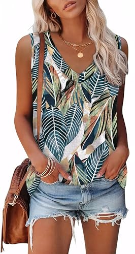 OFEEFAN Tank Top for Women Loose Fit Sleeveless Shirts V Neck Summer Clothes Ruched Women's Tees and Tanks Curved Hem