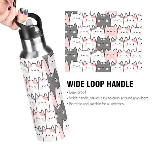 Cute Cats Kittens Water Bottle Kids Insulated Girls Boys Stainless Steel Hot Cold Water Flask with Straw Lid for Sports Gy...