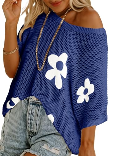 Dokotoo Womens Floral Fashion Summer Tops 2026 Short Sleeve Crochet Sweaters Swimsuit Cover Ups Lightweight Knit Pullover